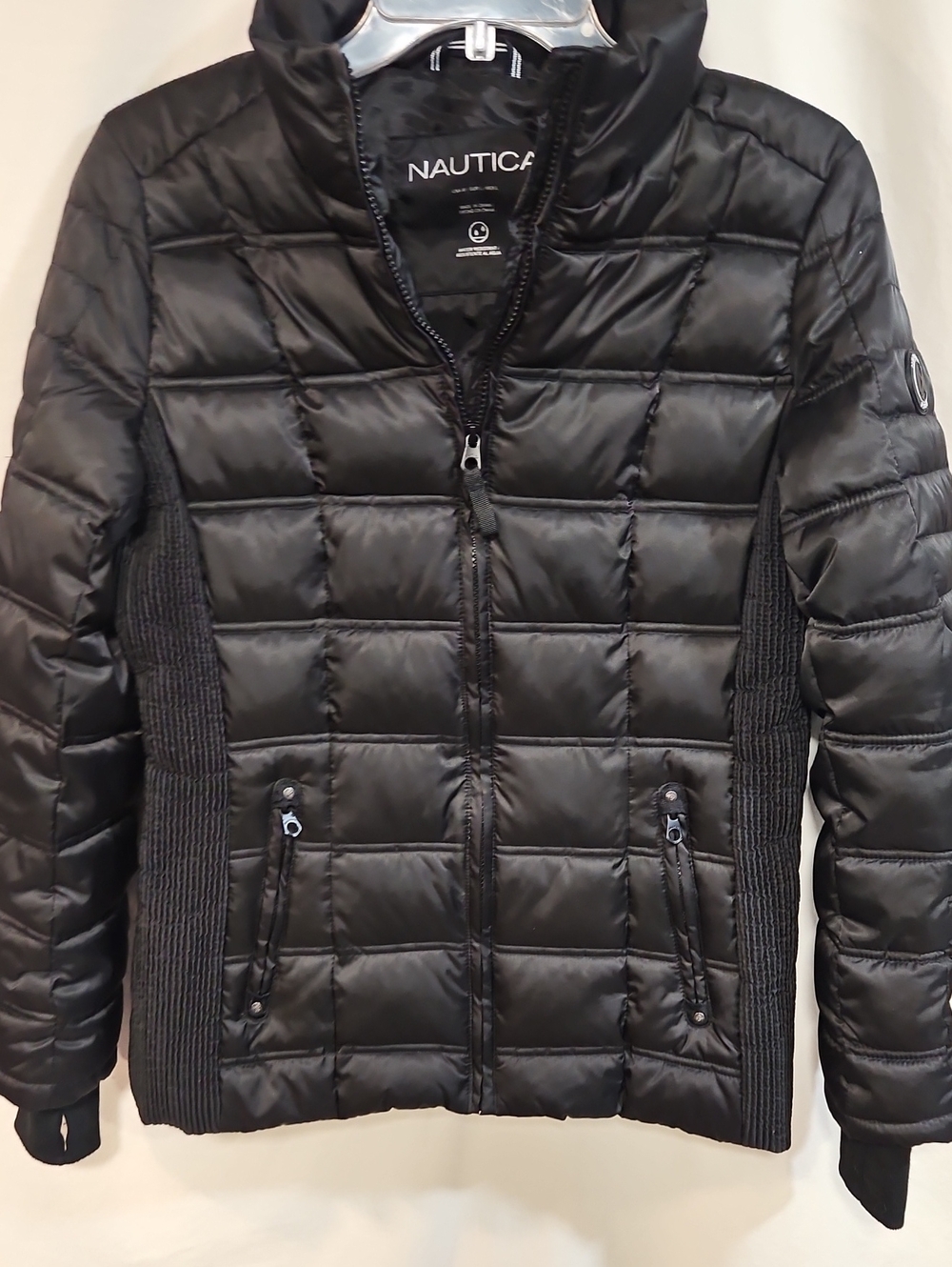 Nautica Black Quilted Puffer Jacket with Knit Side Panels. Winter